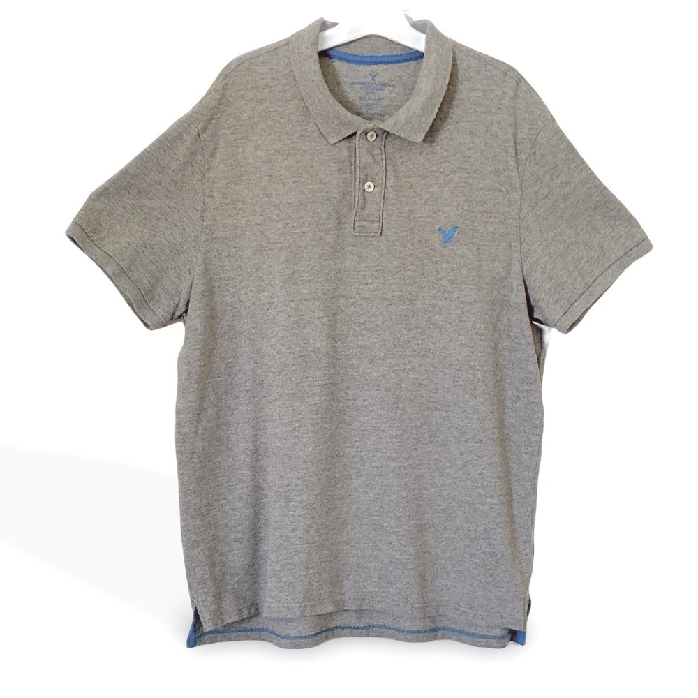 American Eagle Mens XXL Gray Classic Fit Polo Shirt Blue Logo 100% Cotton